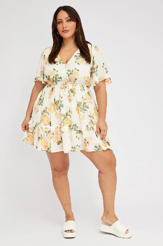 Yellow Floral Mini Dress Button Front Frill Hem