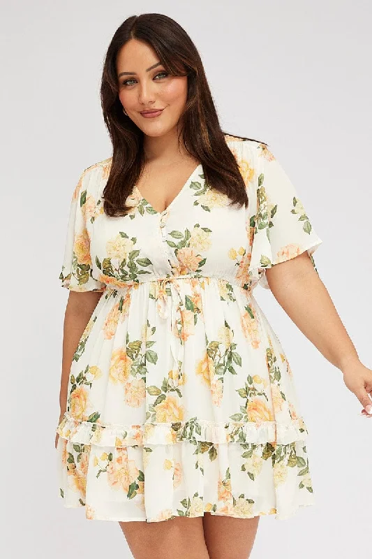 Yellow Floral Mini Dress Button Front Frill Hem