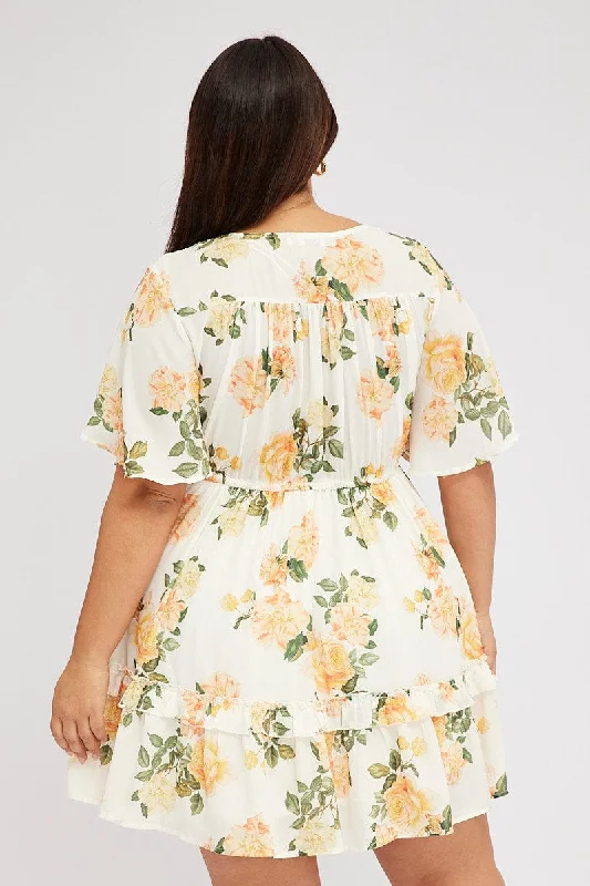 Yellow Floral Mini Dress Button Front Frill Hem