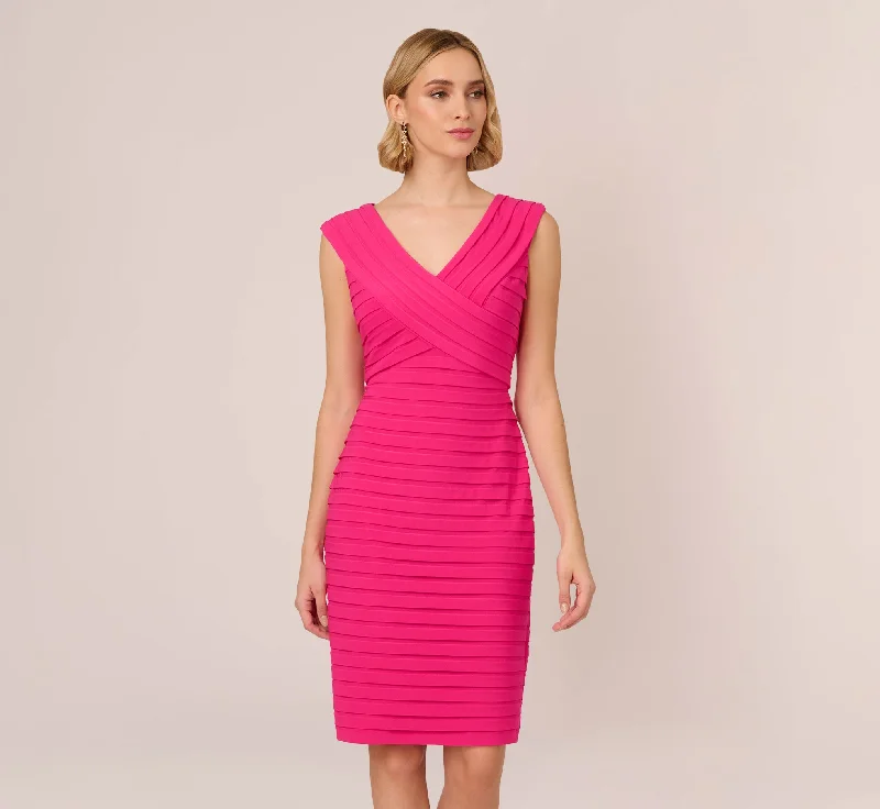 Banded Jersey Sheath Dress With Extended Shoulders In Electric Pink