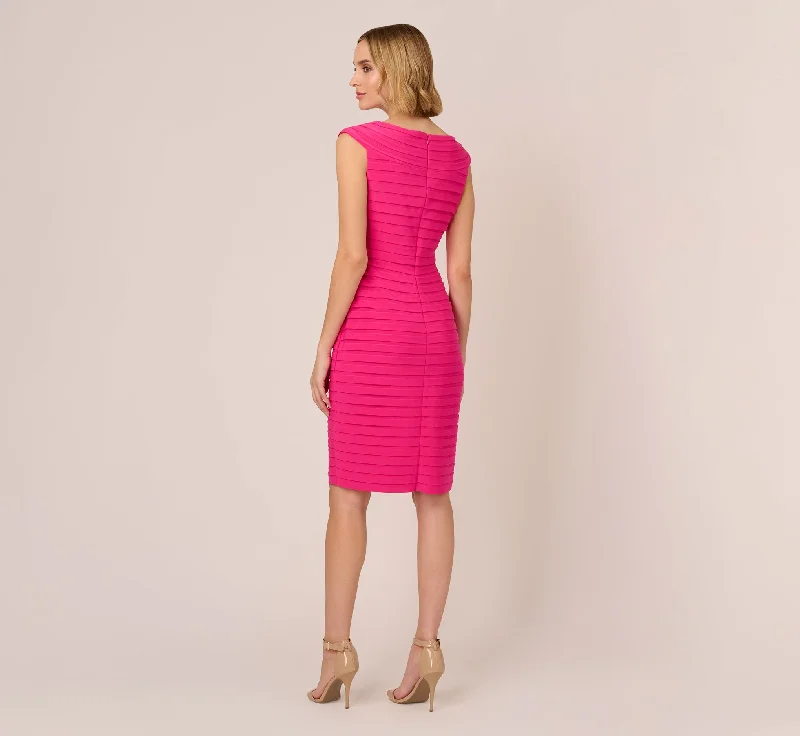 Banded Jersey Sheath Dress With Extended Shoulders In Electric Pink