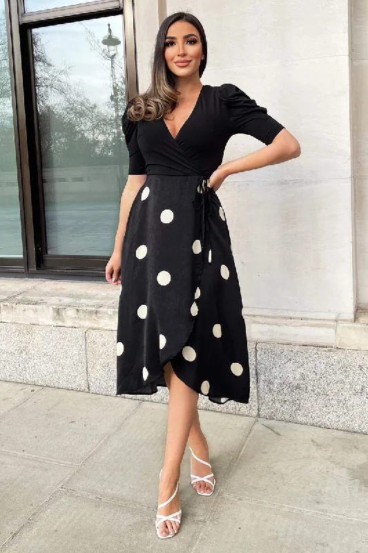 Black And Cream Polka Dot 2 in 1 Wrap Over Midi Dress