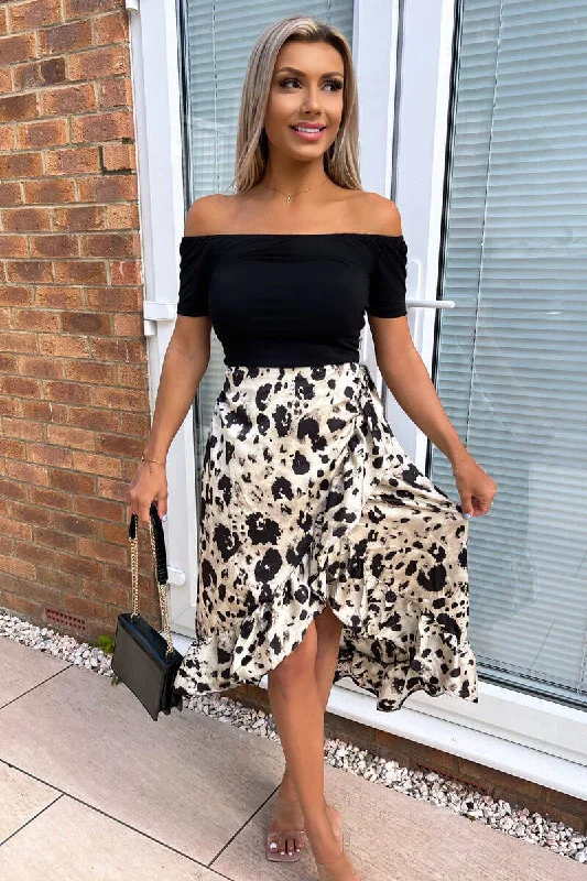 Black and Stone Printed 2 in 1 Bardot Midi Dress