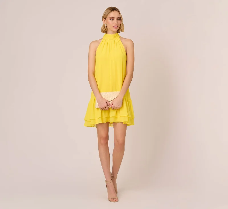 Chiffon Mock Neck Trapeze Dress With Flounce Hem In Hyper Yellow