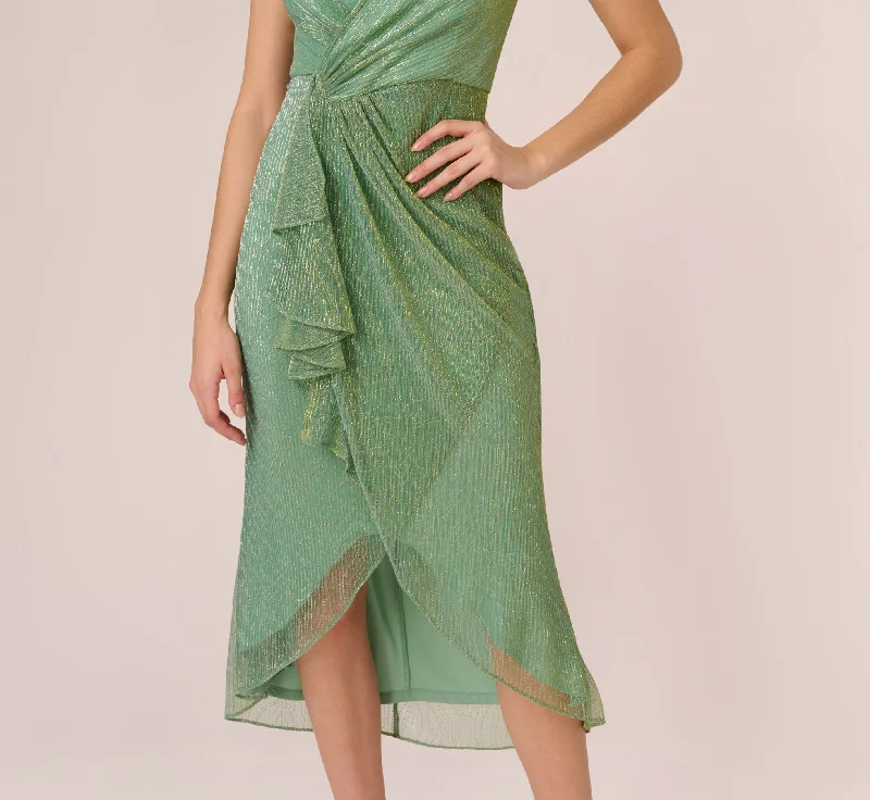 Crinkle Metallic Faux Wrap Dress With Draped Detail In Green Slate