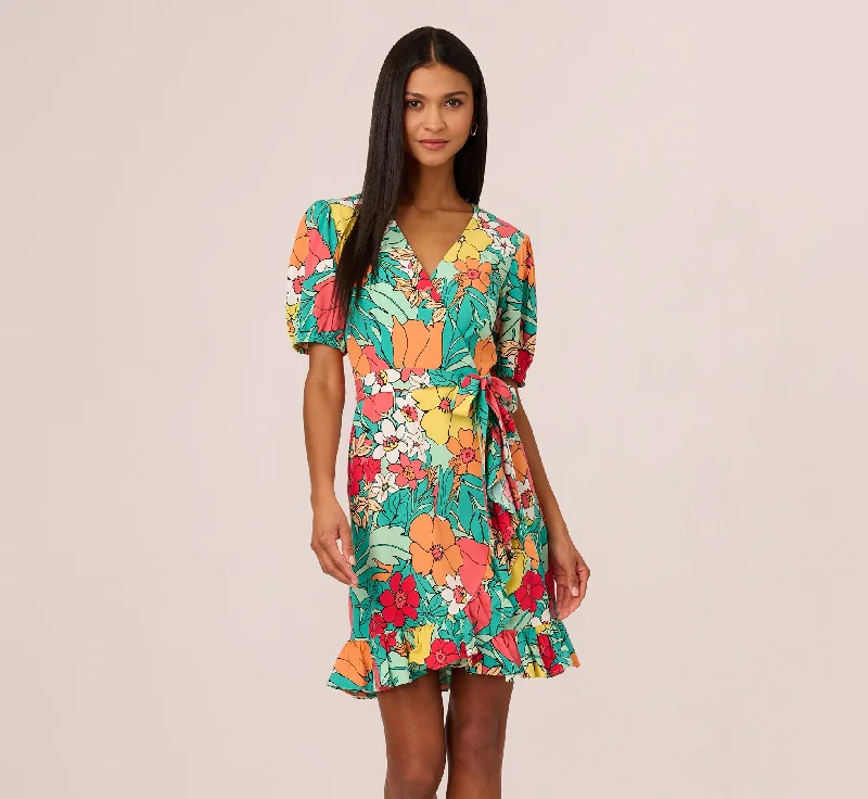 Drawn Floral Print Faux Wrap Dress With Short Sleeves In Aqua Coral Multi