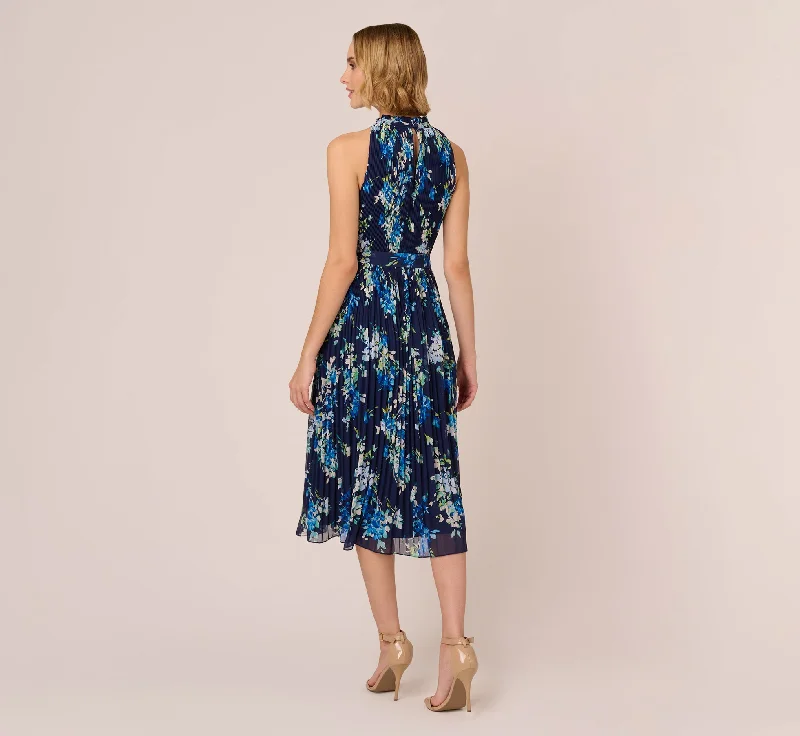 Floral Pleated Chiffon Dress With Mock Neckline In Navy Multi