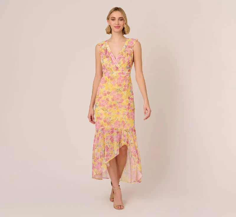 Floral Print Ankle Length Chiffon Dress With Ruffled Details In Yellow Multi