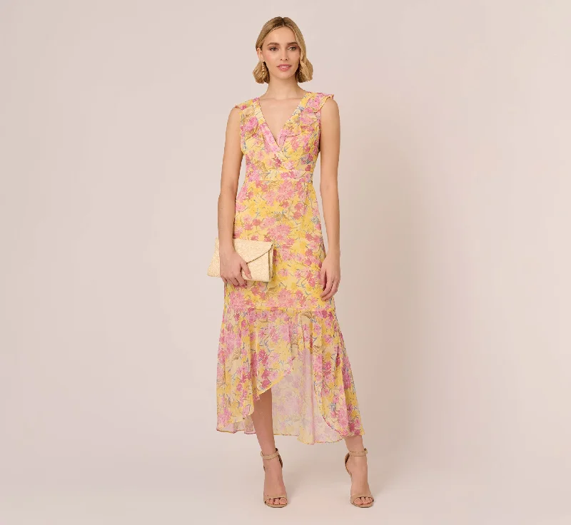 Floral Print Ankle Length Chiffon Dress With Ruffled Details In Yellow Multi