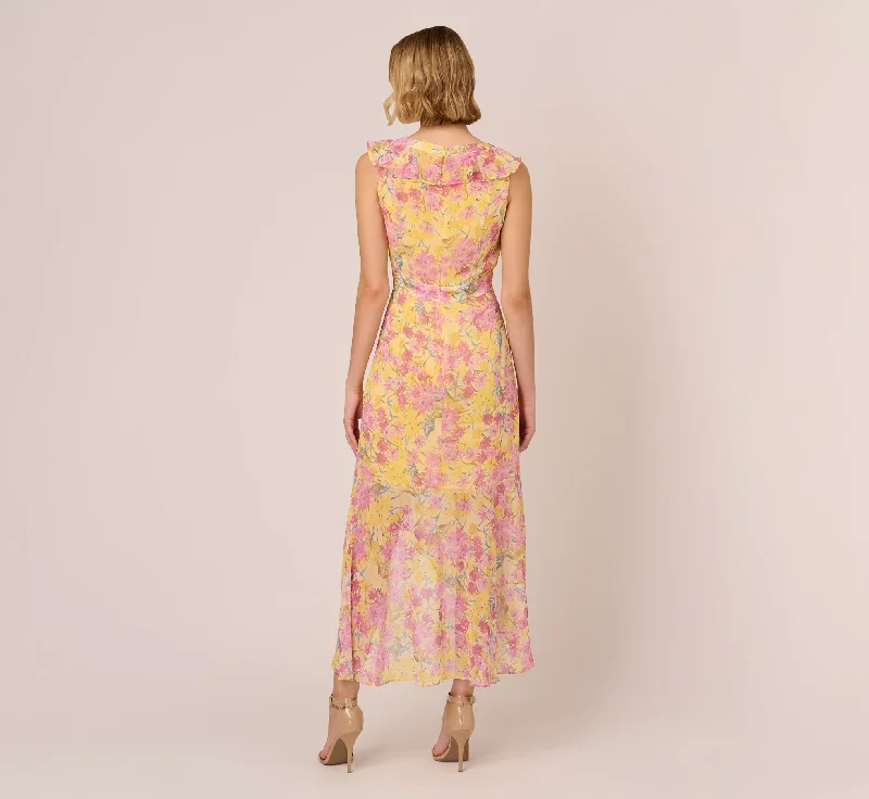 Floral Print Ankle Length Chiffon Dress With Ruffled Details In Yellow Multi