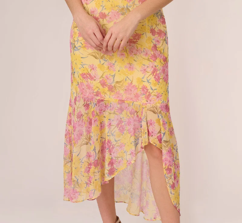 Floral Print Ankle Length Chiffon Dress With Ruffled Details In Yellow Multi