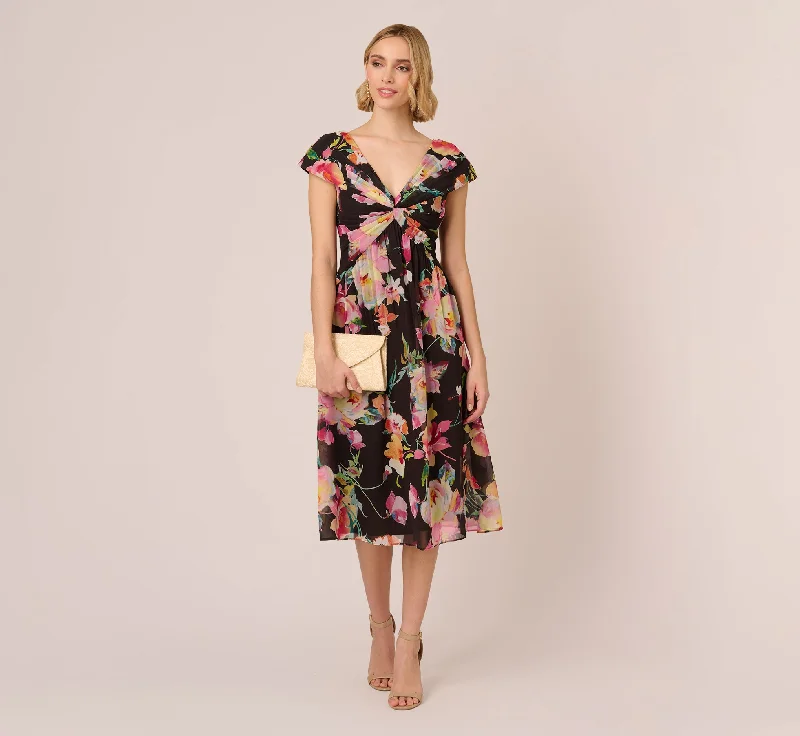 Floral Print Midi Dress With Twist Neckline In Black Multi