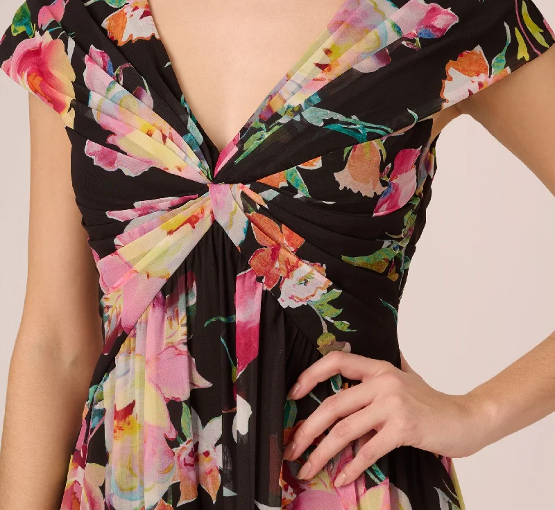 Floral Print Midi Dress With Twist Neckline In Black Multi