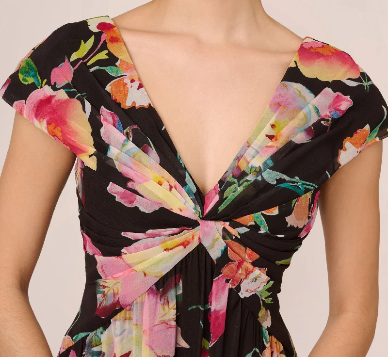 Floral Print Midi Dress With Twist Neckline In Black Multi