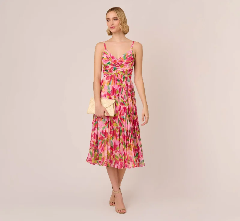 Floral Print Pleated Chiffon Midi Dress In Pink Green Multi