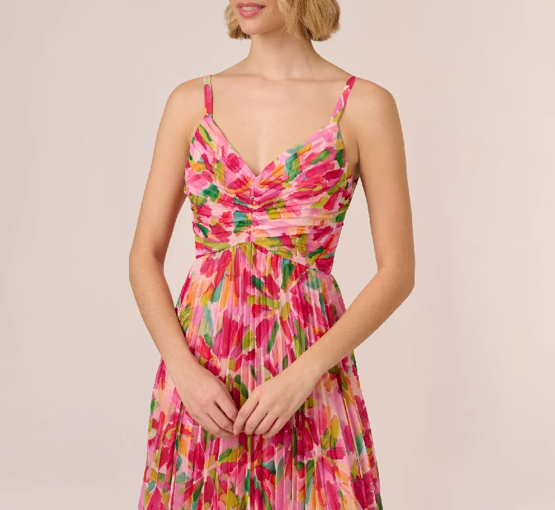 Floral Print Pleated Chiffon Midi Dress In Pink Green Multi