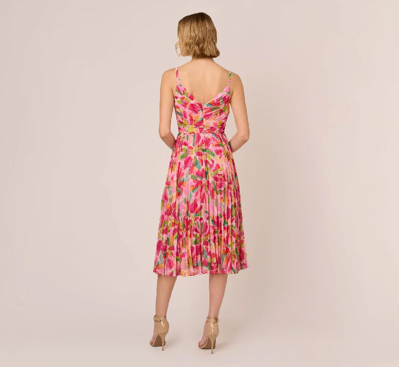 Floral Print Pleated Chiffon Midi Dress In Pink Green Multi