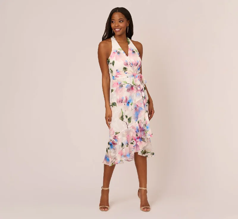 Floral Printed Chiffon Halter Dress With Self Tie Waist In Ivory Pink Multi