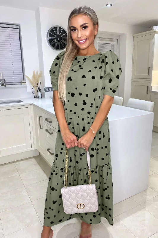 Khaki Polka Dot Short Sleeve Tiered Midi Dress