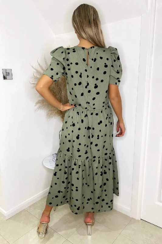 Khaki Polka Dot Short Sleeve Tiered Midi Dress