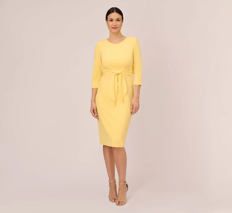 Knit Crepe Bow Sheath Dress With Three Quarter Sleeves In Warm Sun