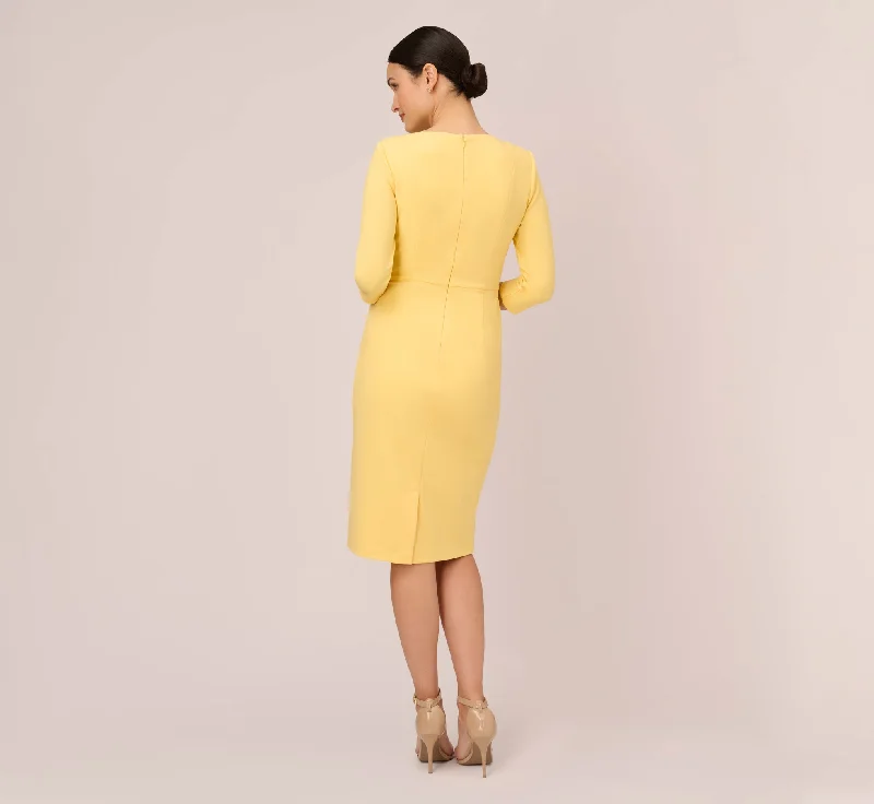 Knit Crepe Bow Sheath Dress With Three Quarter Sleeves In Warm Sun