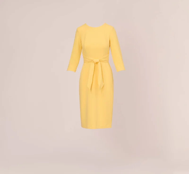 Knit Crepe Bow Sheath Dress With Three Quarter Sleeves In Warm Sun