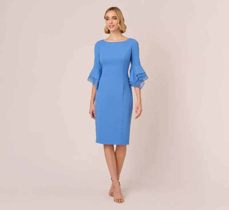 Knit Crepe Sheath Dress With Tiered Three Quarter Sleeves In Cool Water