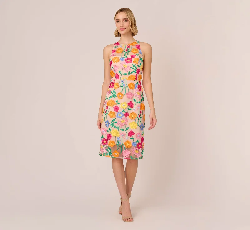 Multicolor Floral Embroidered Halter Midi Dress In Pink Yellow Multi