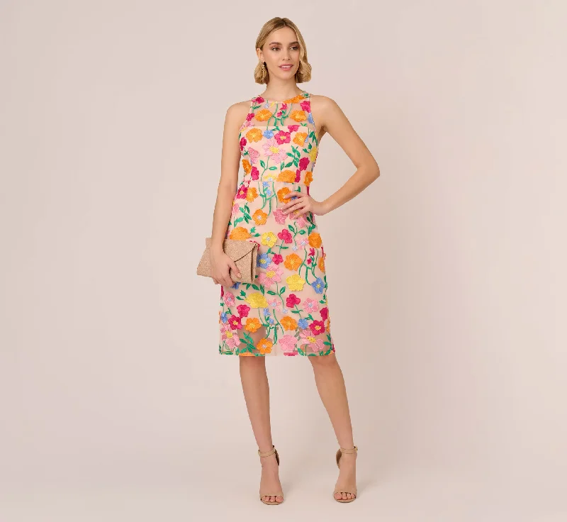 Multicolor Floral Embroidered Halter Midi Dress In Pink Yellow Multi