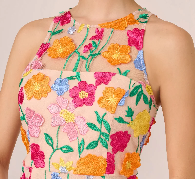 Multicolor Floral Embroidered Halter Midi Dress In Pink Yellow Multi