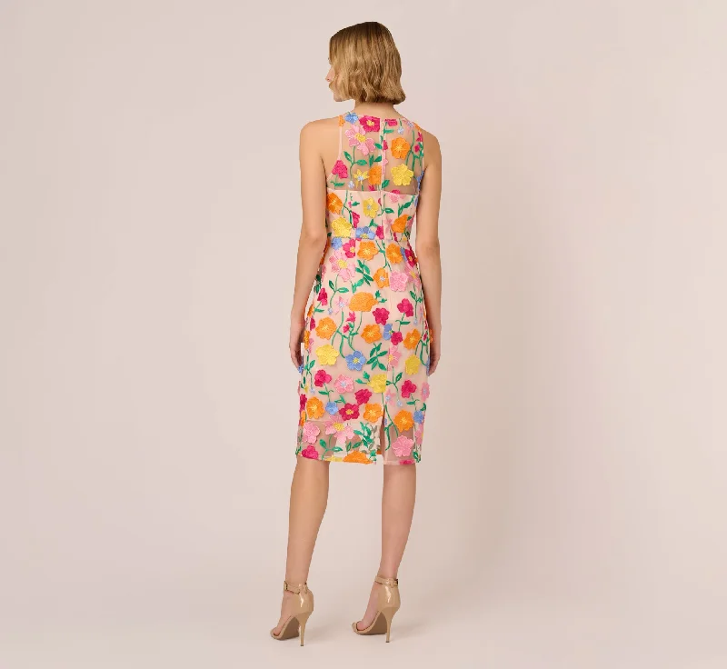 Multicolor Floral Embroidered Halter Midi Dress In Pink Yellow Multi