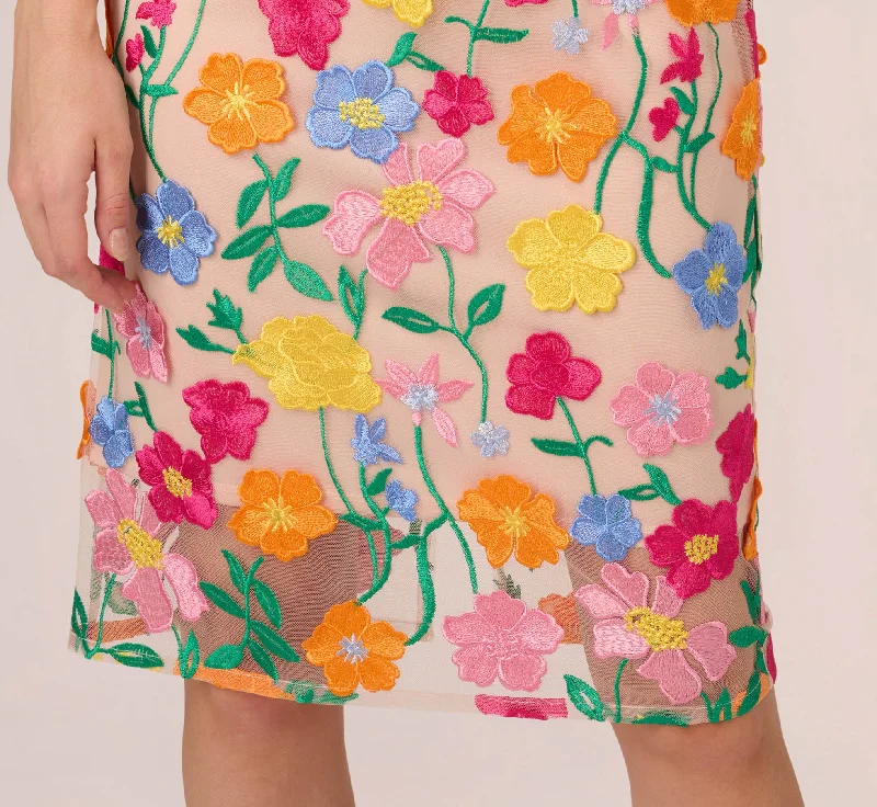 Multicolor Floral Embroidered Halter Midi Dress In Pink Yellow Multi