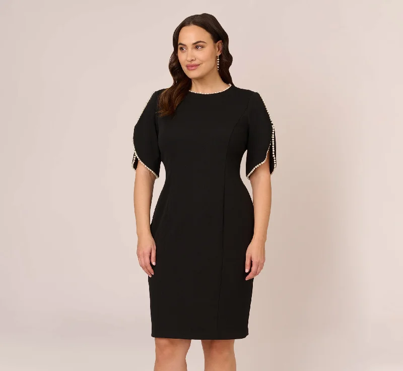 Plus Size Crepe Midi Length Sheath Dress With Pearl Trimmed Sleeves In Black