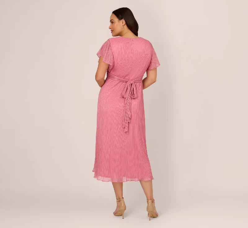 Plus Size Crinkle Mesh Midi Dress With Flutter Sleeves In Faded Rose