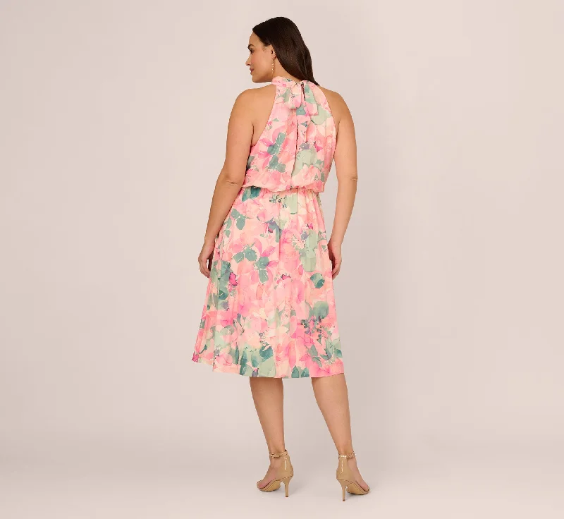 Plus Size Floral Print Chiffon Halter Dress With Mock Neck In Blush Multi