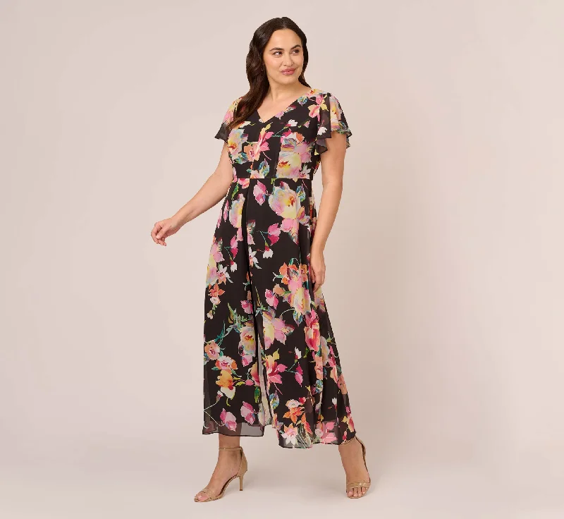 Plus Size Floral Print Cropped Jumpsuit With Skirt Overlay In Black Multi