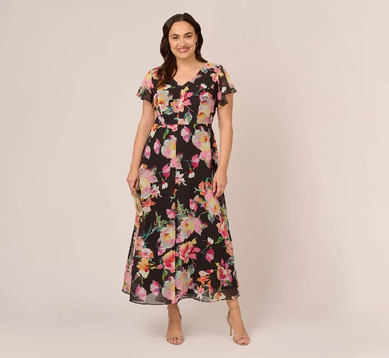 Plus Size Floral Print Cropped Jumpsuit With Skirt Overlay In Black Multi