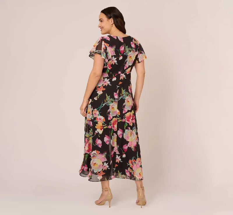 Plus Size Floral Print Cropped Jumpsuit With Skirt Overlay In Black Multi