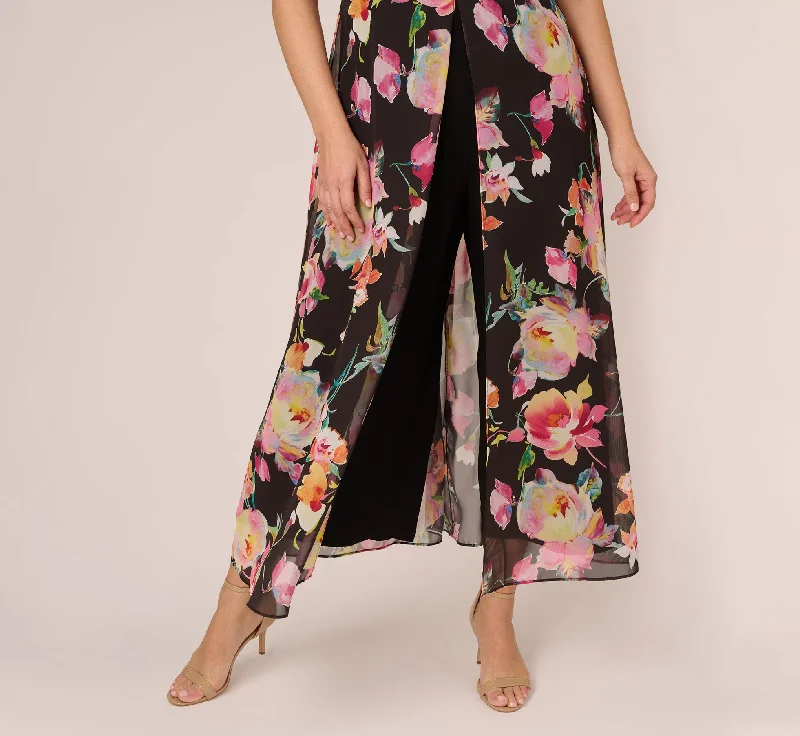 Plus Size Floral Print Cropped Jumpsuit With Skirt Overlay In Black Multi