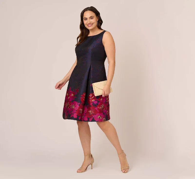 Plus Size Jacquard Midi Dress With Metallic Floral Trim In Navy Pink Multi