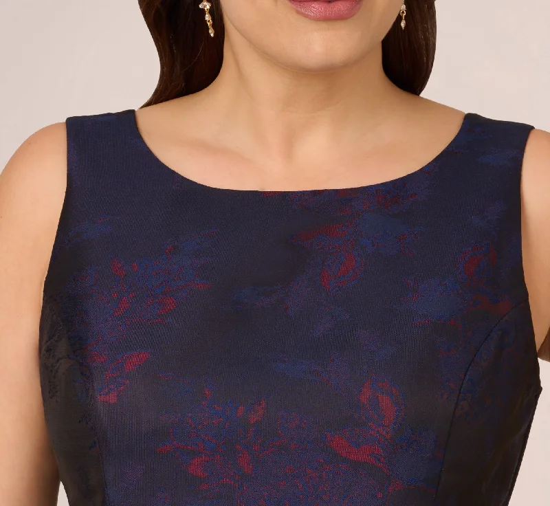 Plus Size Jacquard Midi Dress With Metallic Floral Trim In Navy Pink Multi