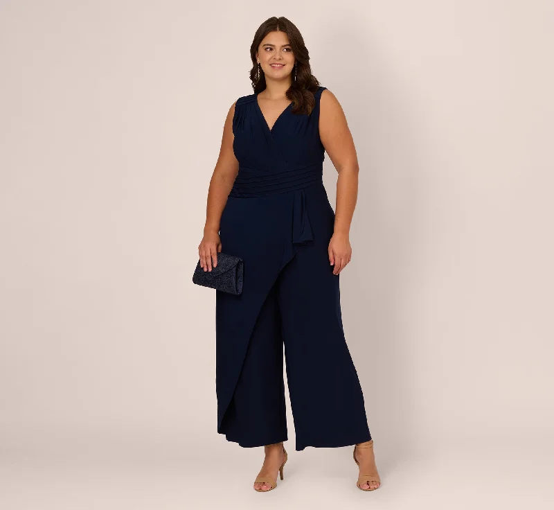 Plus Size Jersey Sleeveless Pintuck Jumpsuit With Wide Legs In Midnight