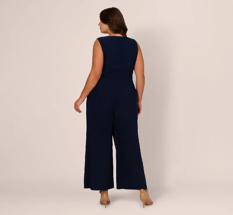 Plus Size Jersey Sleeveless Pintuck Jumpsuit With Wide Legs In Midnight