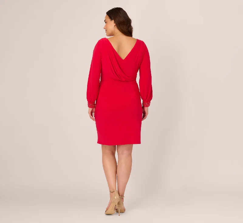 Plus Size Long Sleeve Draped Jersey Dress With Beaded Cuffs In Hot Ruby