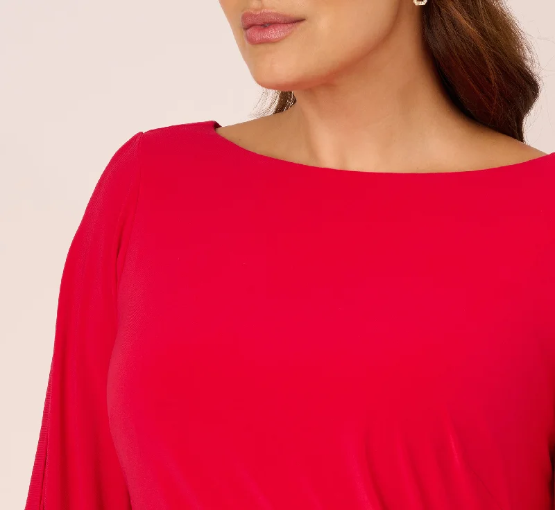 Plus Size Long Sleeve Draped Jersey Dress With Beaded Cuffs In Hot Ruby