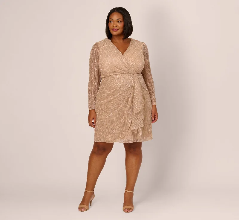 Plus Size Metallic Long Sleeve Dress With Draped Details In Light Gold