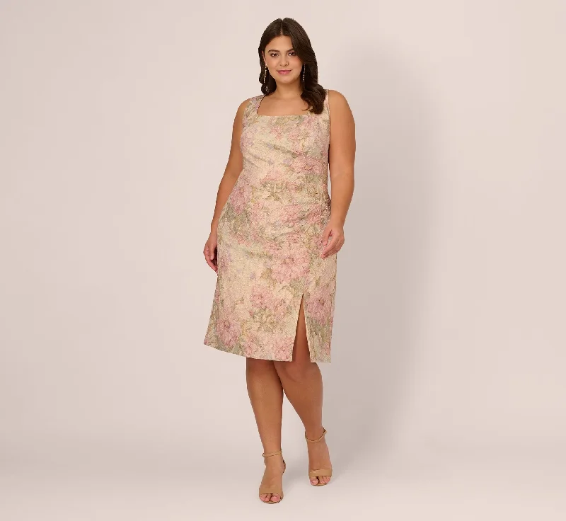 Plus Size Sleeveless Floral Matelasse Sheath Dress With Pleated Details In Rose Multi