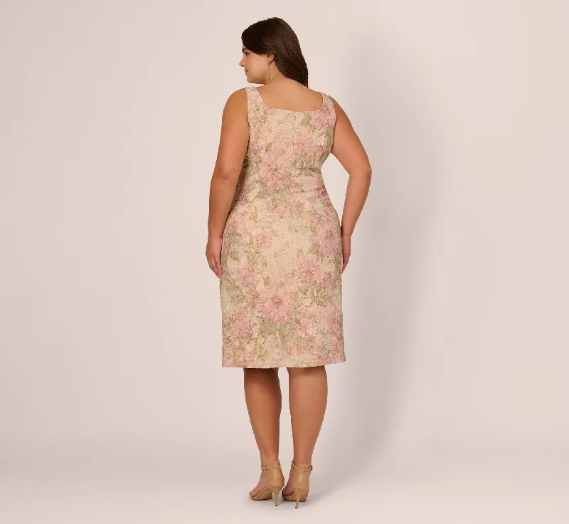 Plus Size Sleeveless Floral Matelasse Sheath Dress With Pleated Details In Rose Multi