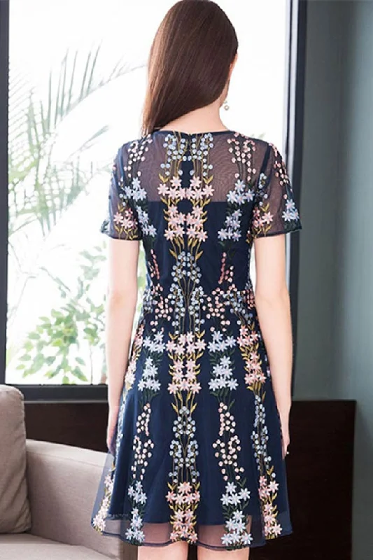 Short Sleeve Embroiderd Mesh Mermaid A-line Dress